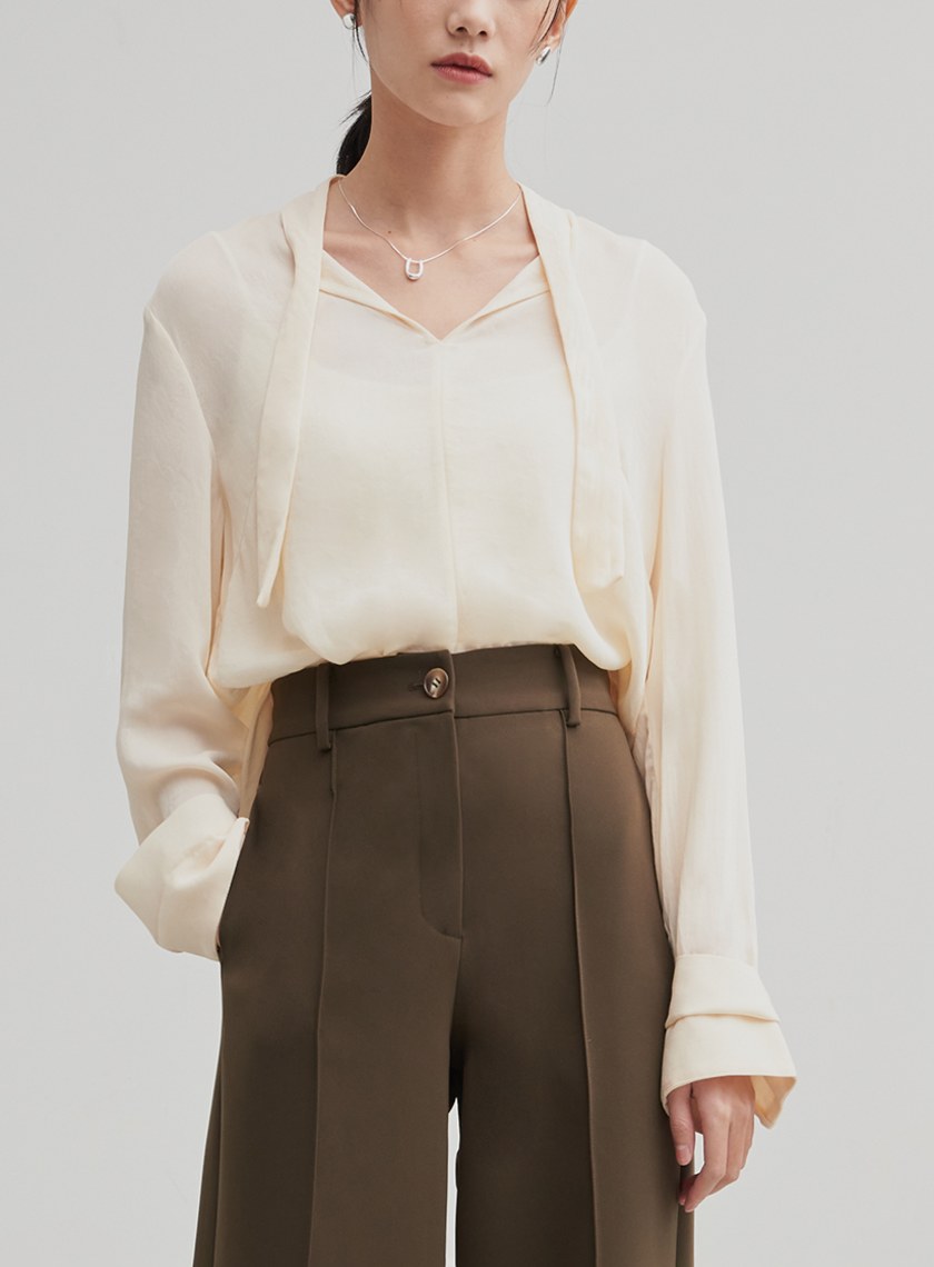 親膚微透飄帶長袖襯衫