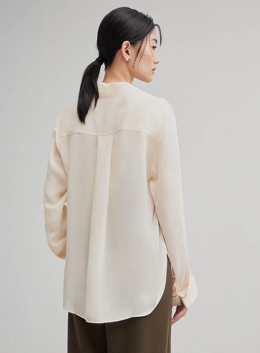 親膚微透飄帶長袖襯衫