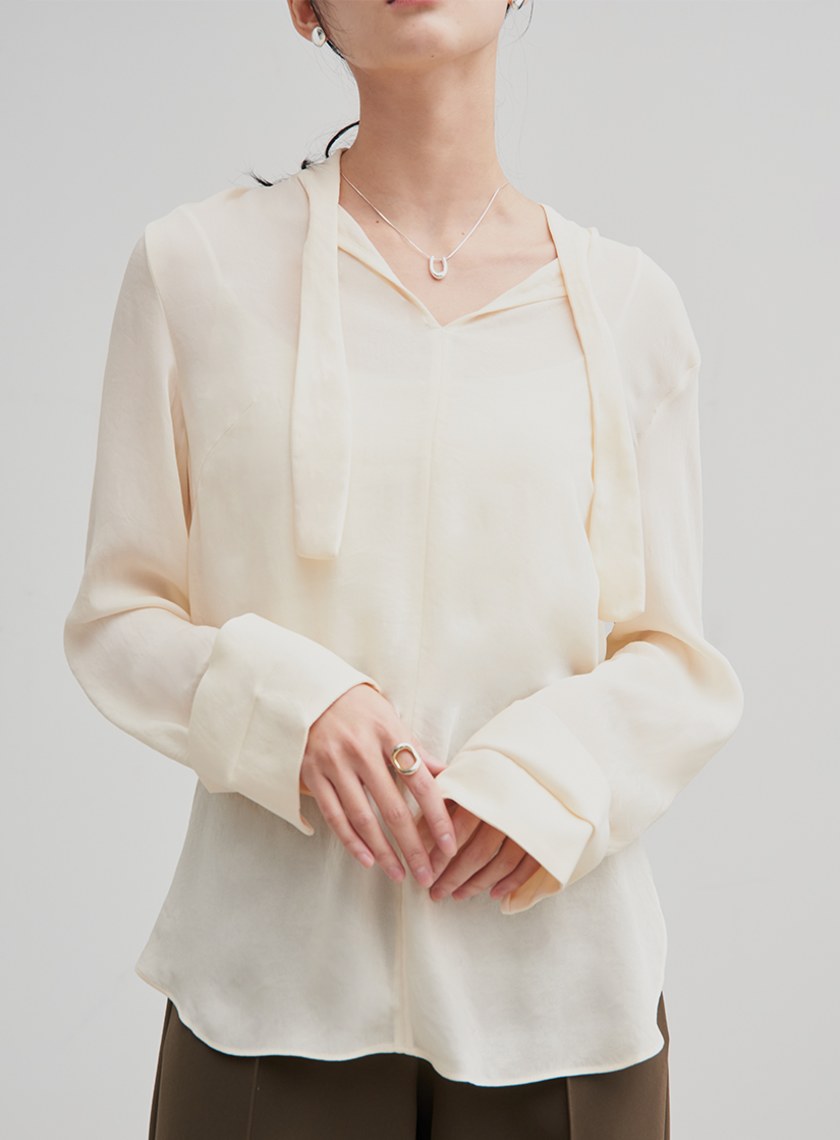 親膚微透飄帶長袖襯衫