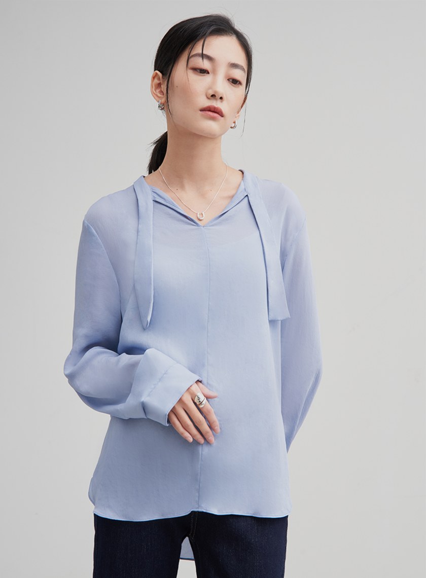 親膚微透飄帶長袖襯衫