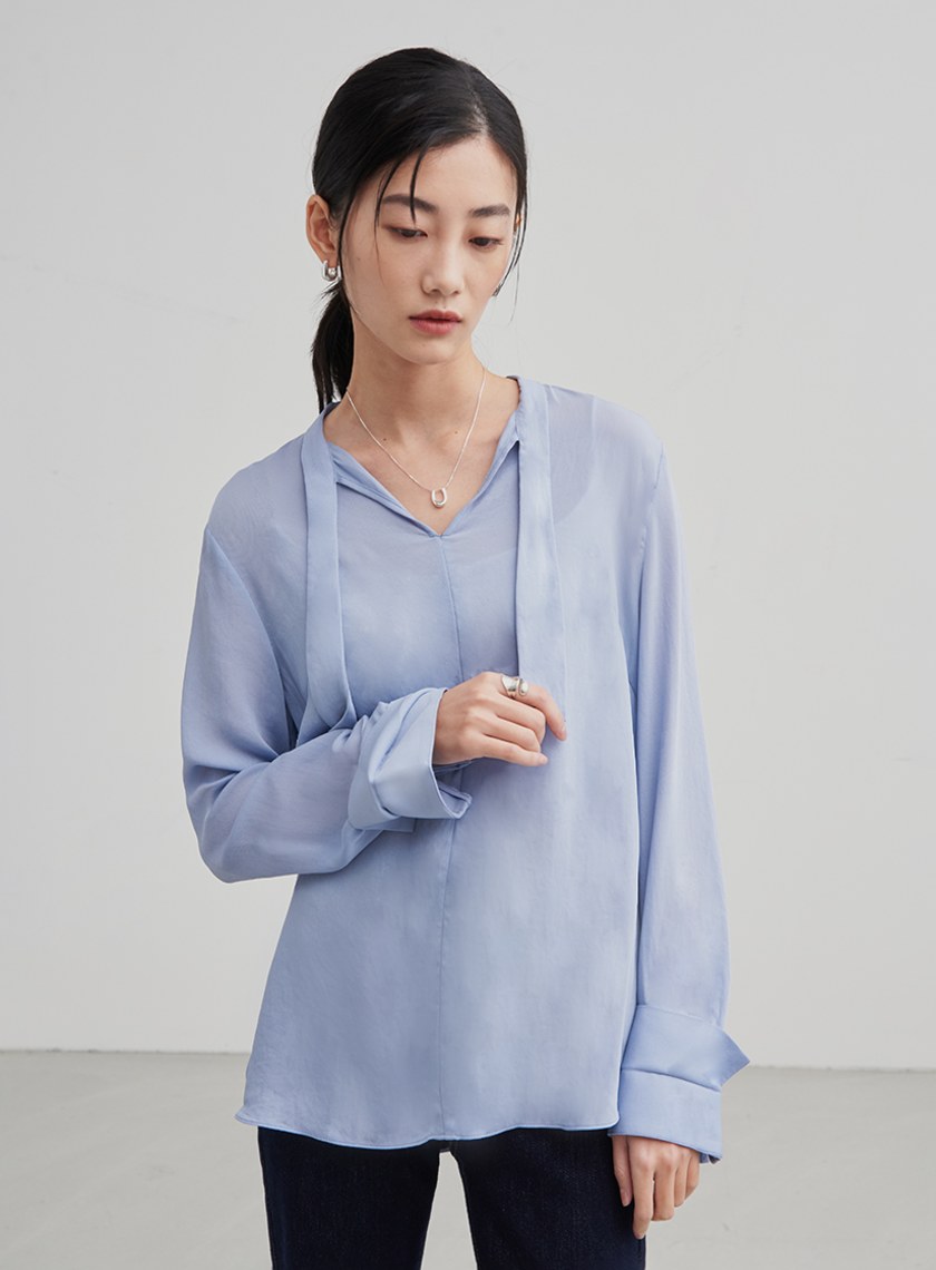 親膚微透飄帶長袖襯衫
