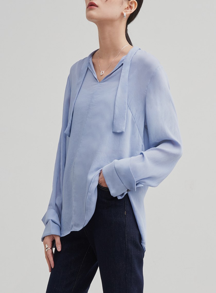親膚微透飄帶長袖襯衫