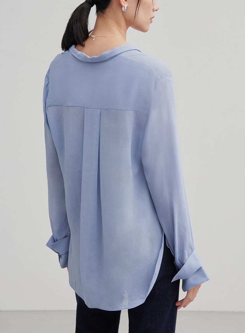 親膚微透飄帶長袖襯衫