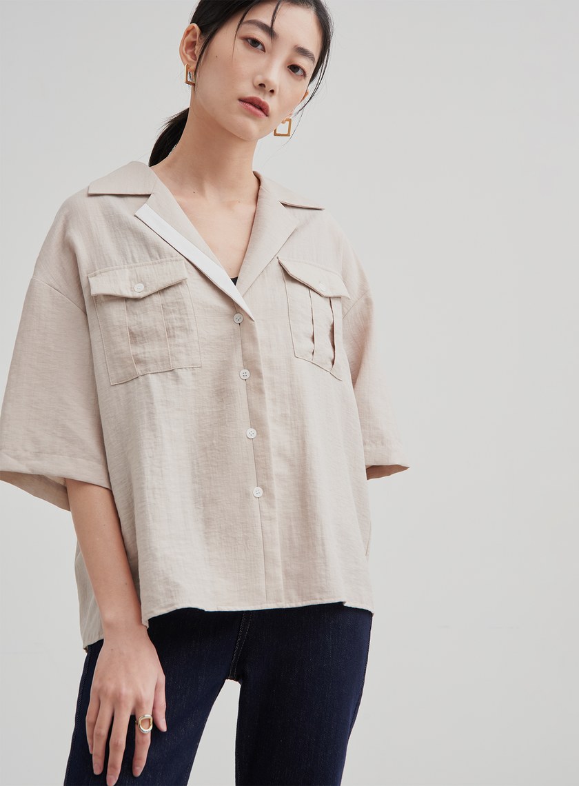 中性落肩寬袖口袋襯衫