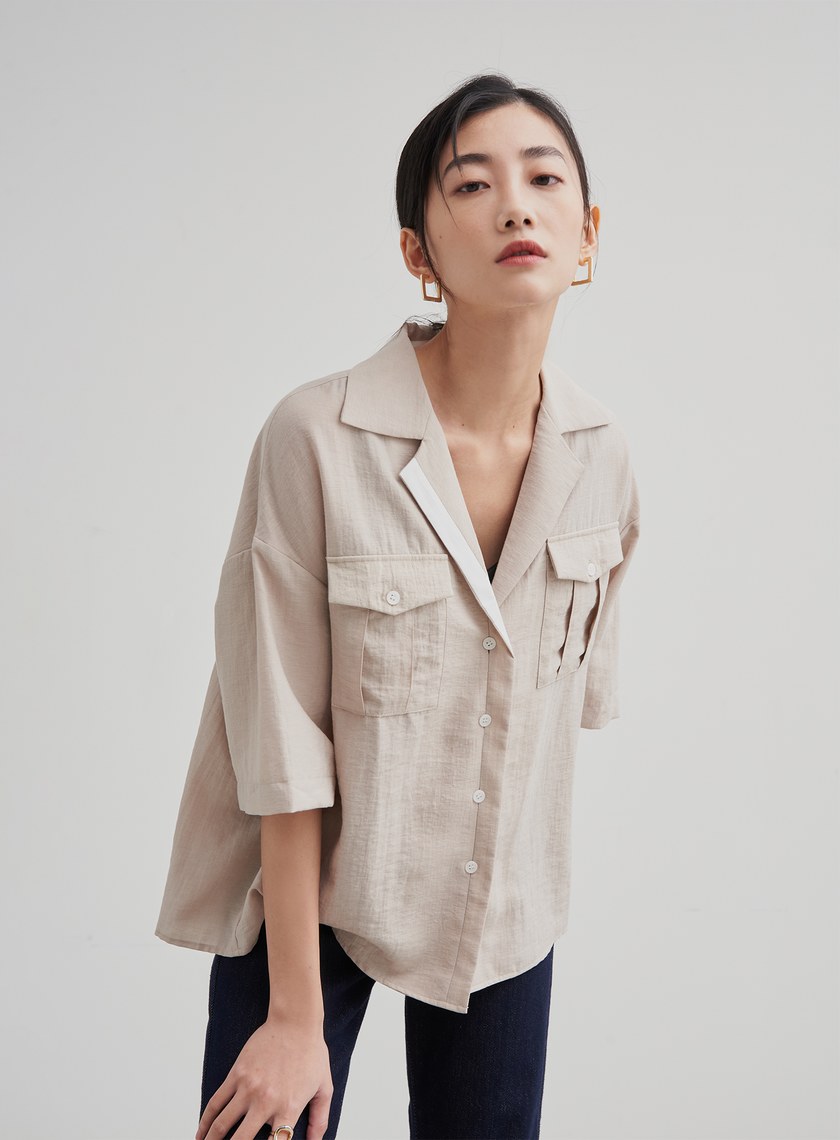 中性落肩寬袖口袋襯衫