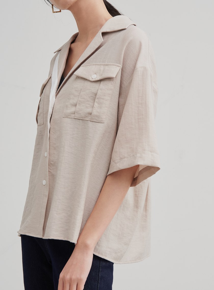 中性落肩寬袖口袋襯衫
