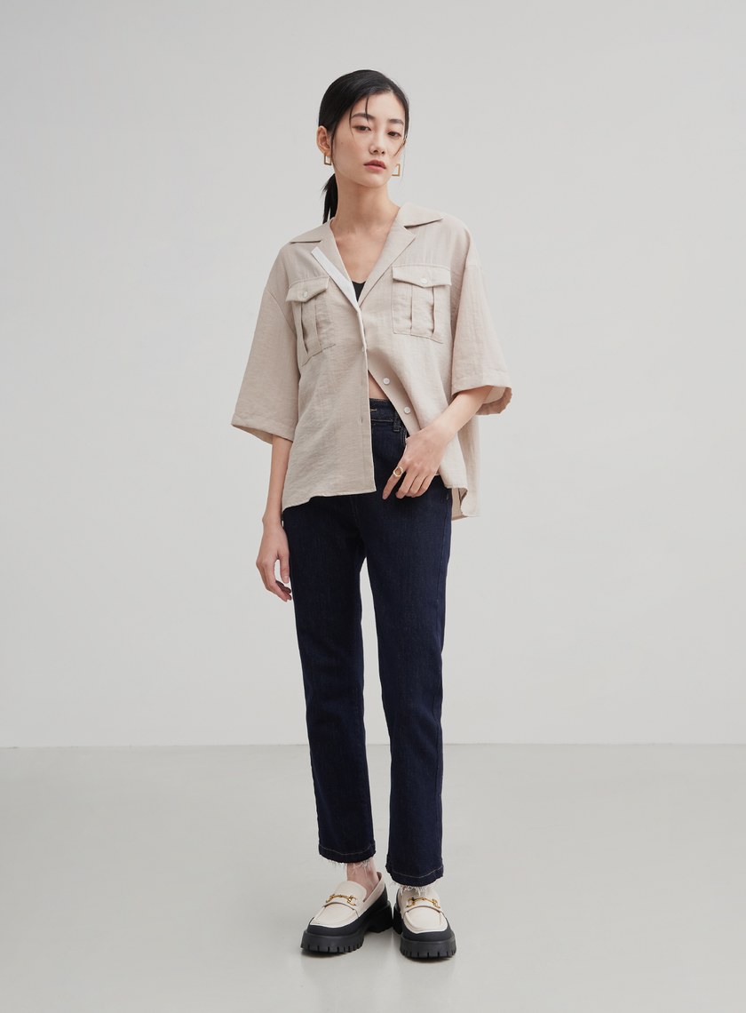 中性落肩寬袖口袋襯衫