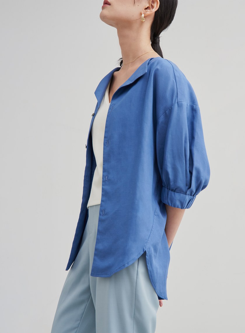 翻領泡袖休閒襯衫