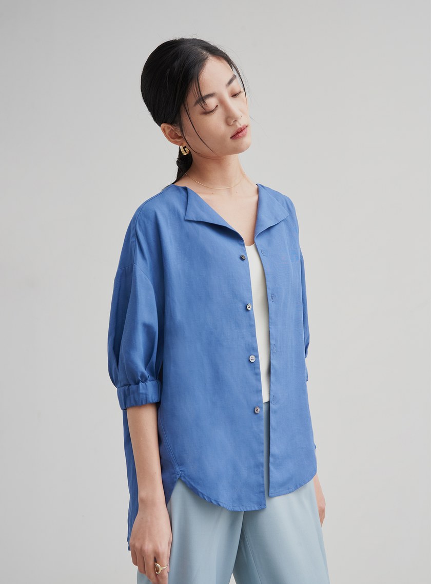 翻領泡袖休閒襯衫