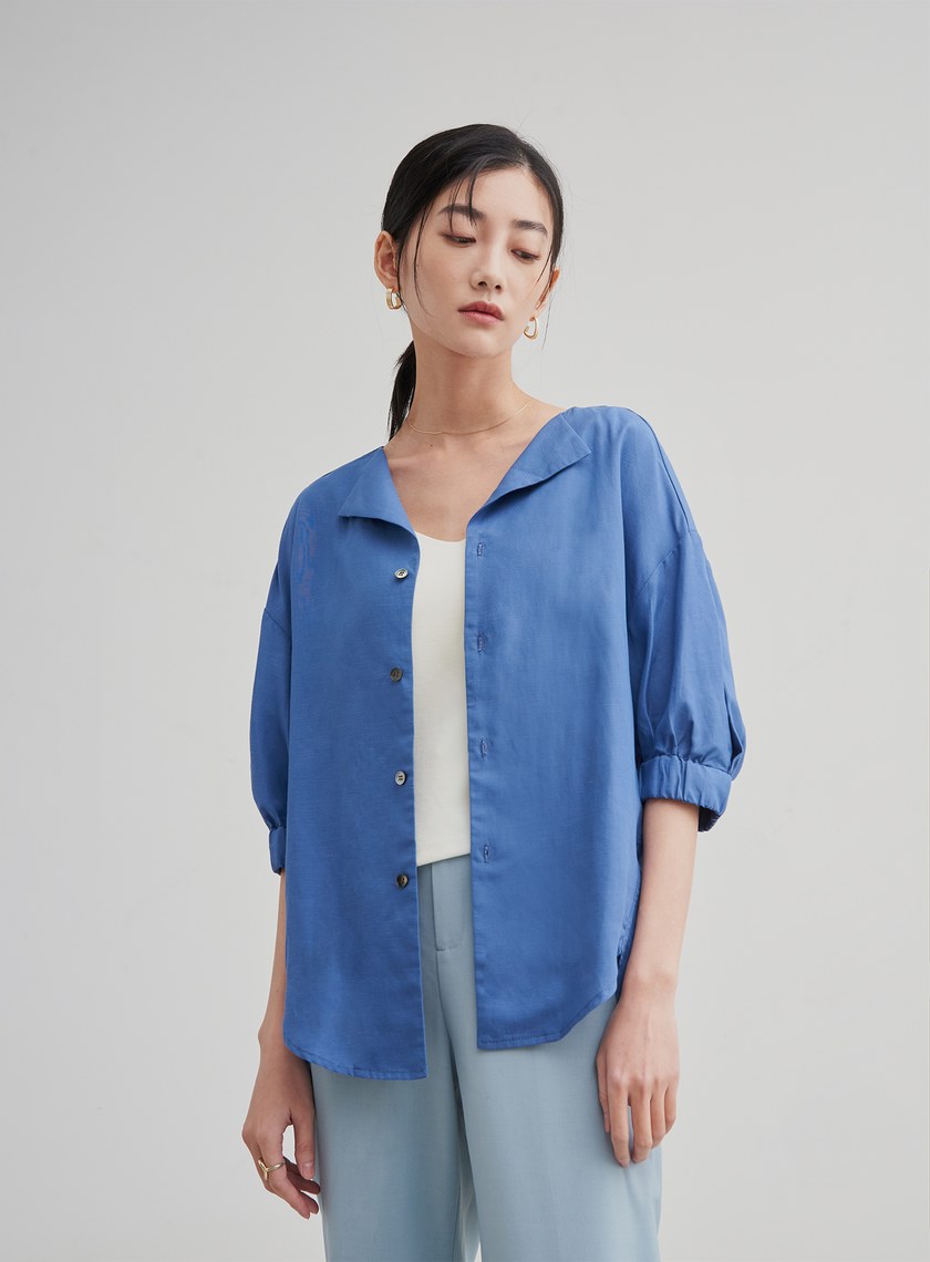 翻領泡袖休閒襯衫