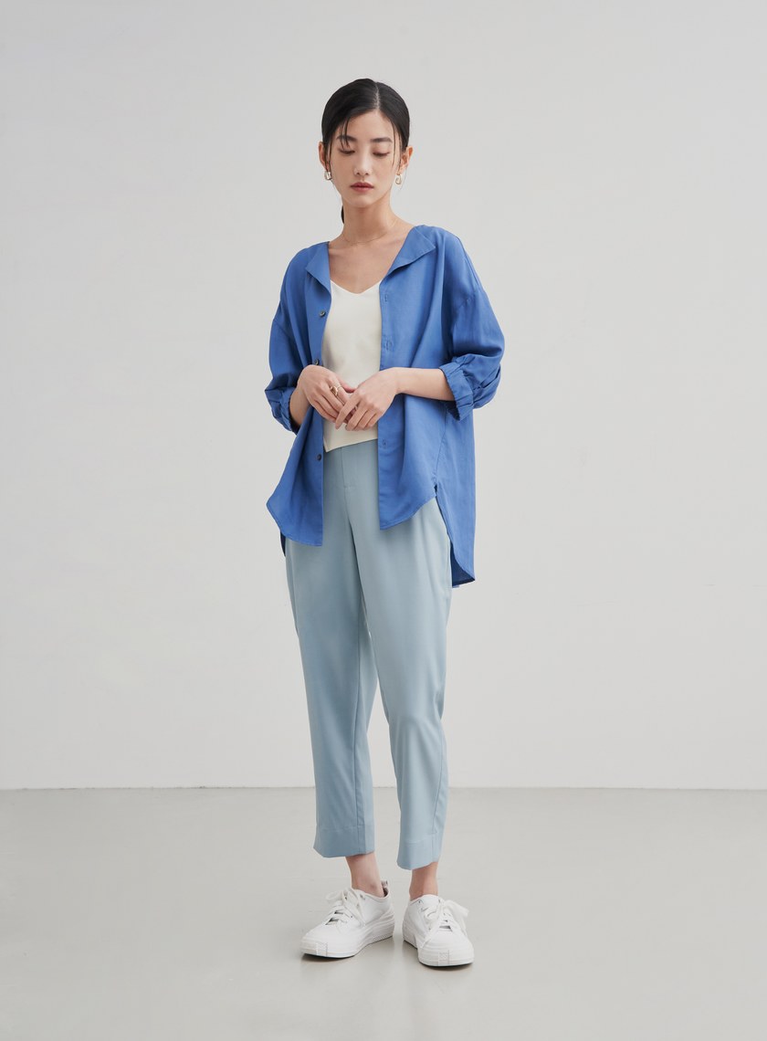 翻領泡袖休閒襯衫