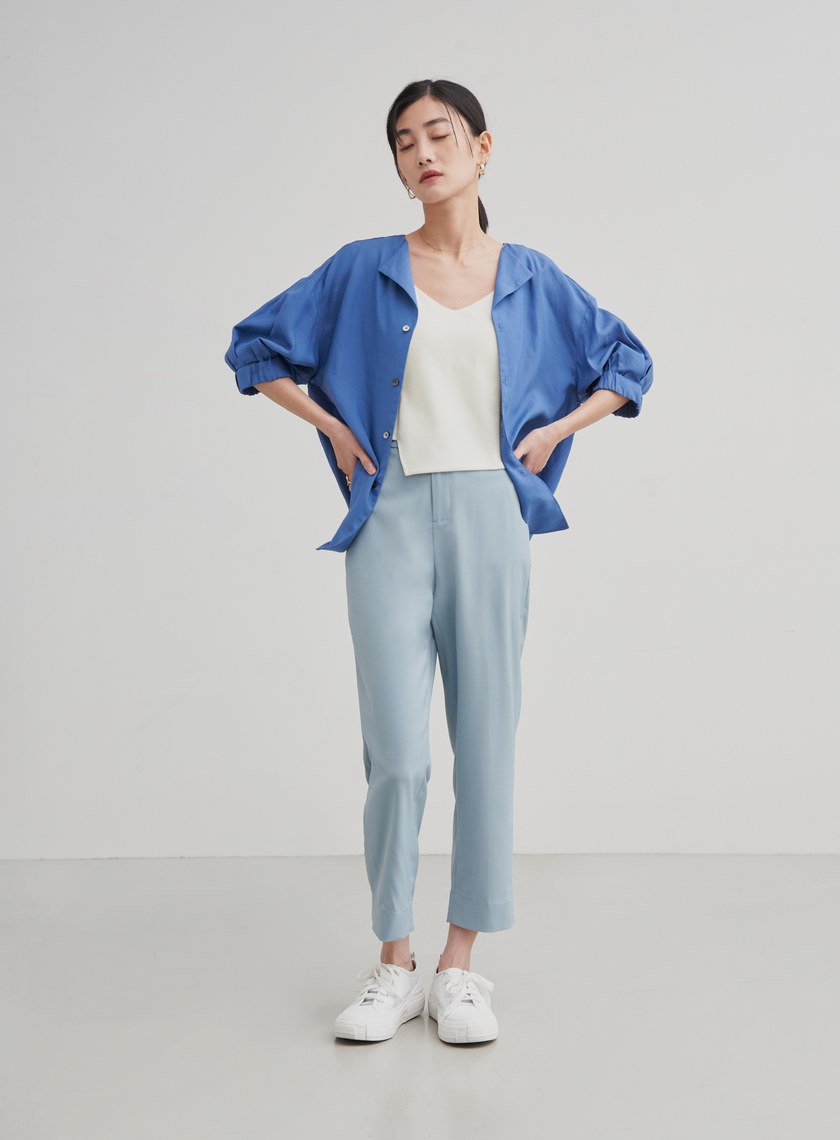 翻領泡袖休閒襯衫