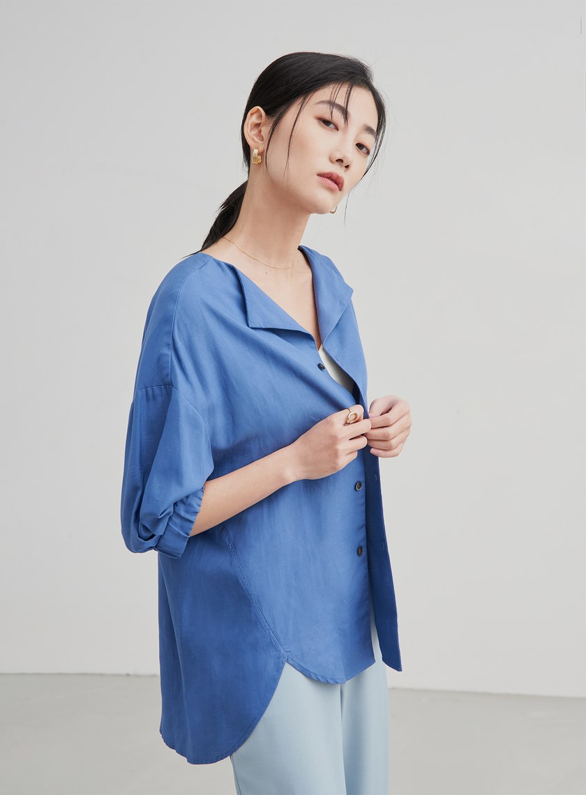 翻領泡袖休閒襯衫