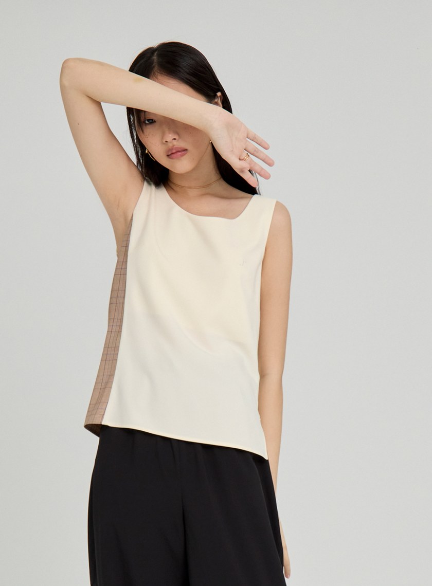 無袖格紋拼接背心上衣