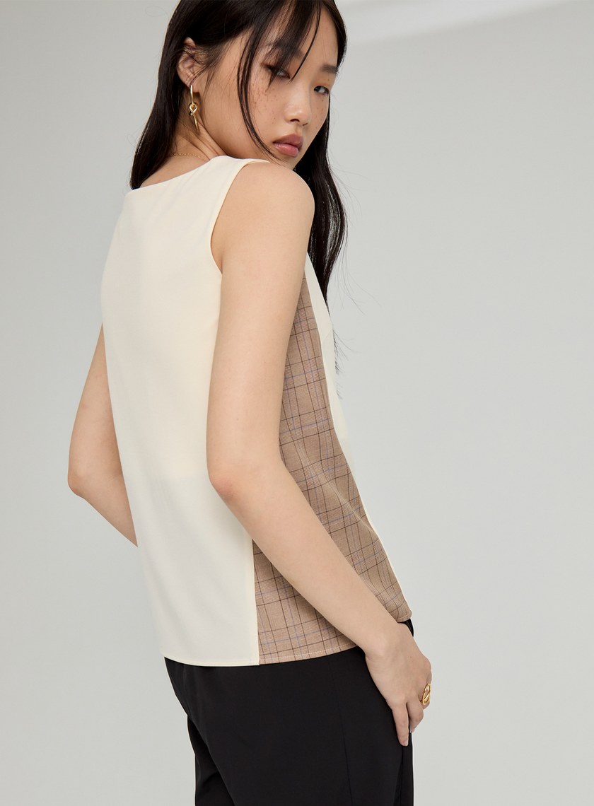 無袖格紋拼接背心上衣