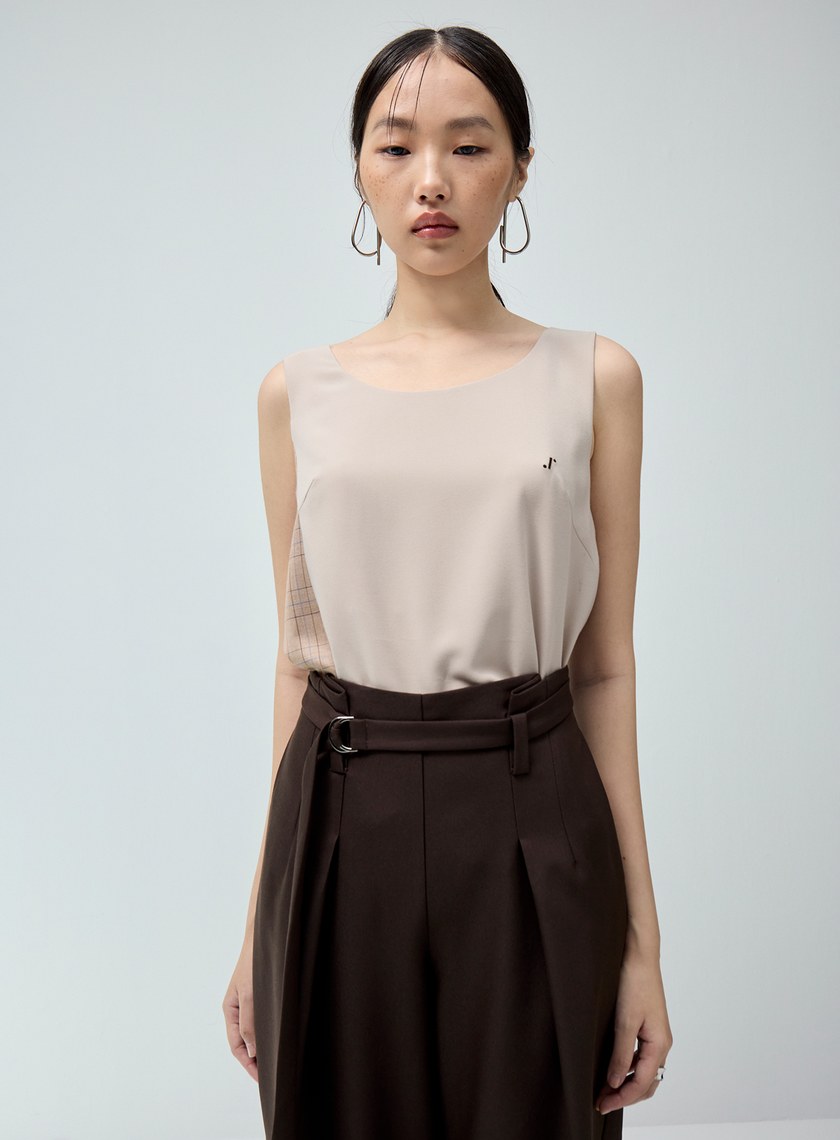 無袖格紋拼接背心上衣