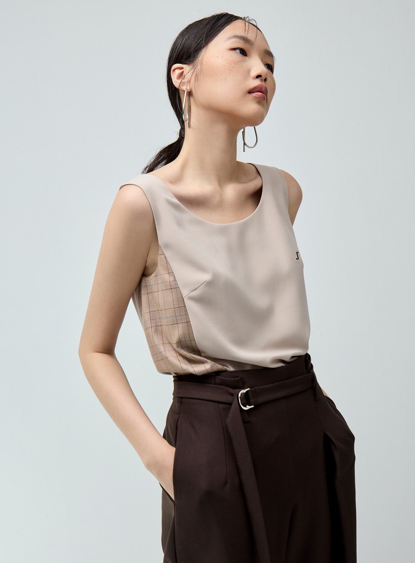 無袖格紋拼接背心上衣