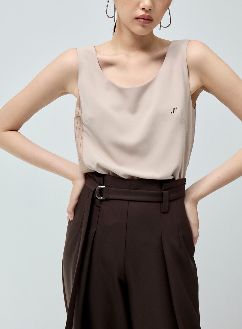 無袖格紋拼接背心上衣