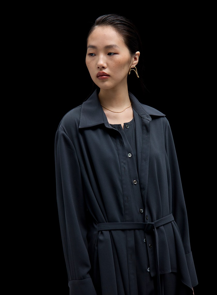 雙層不對稱綁帶襯衫式洋裝