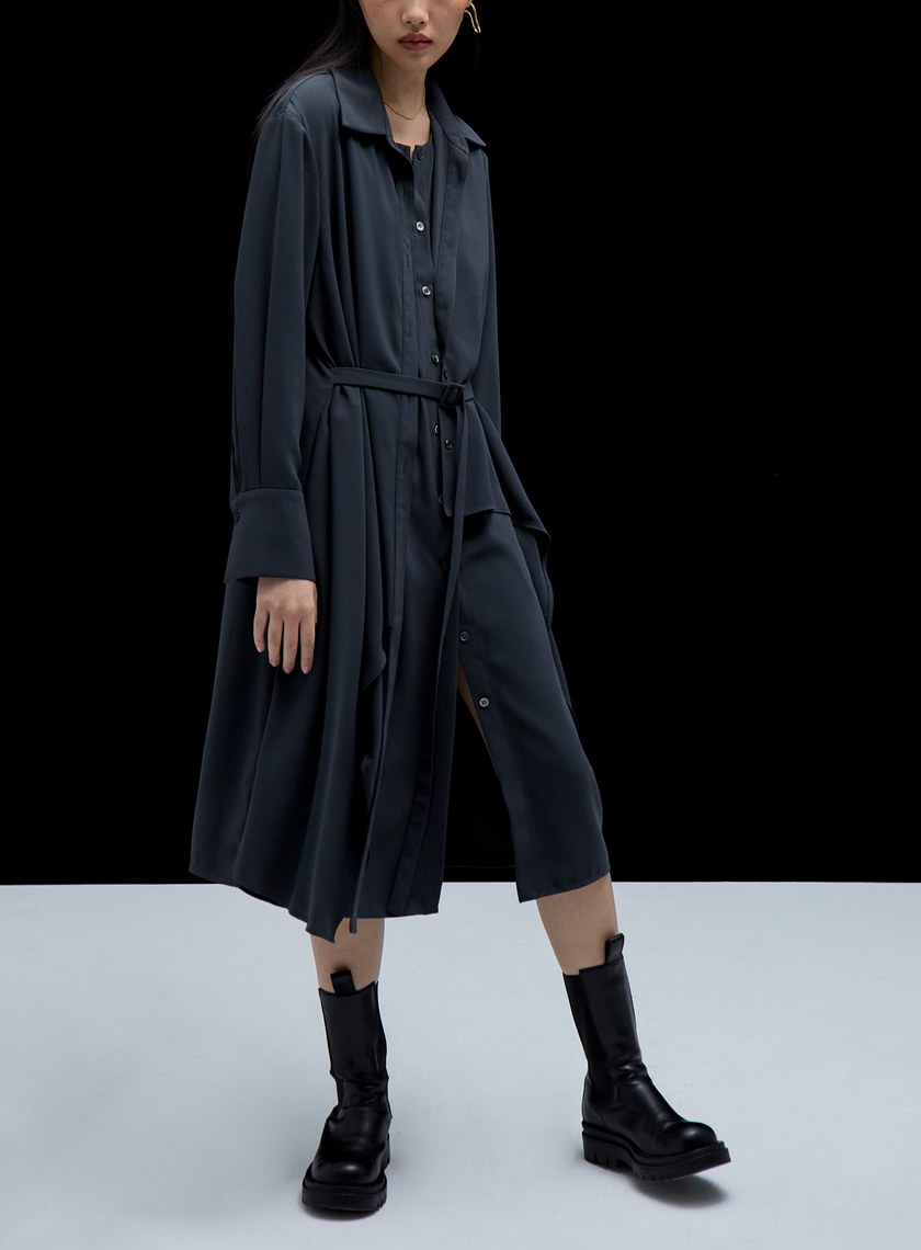 雙層不對稱綁帶襯衫式洋裝