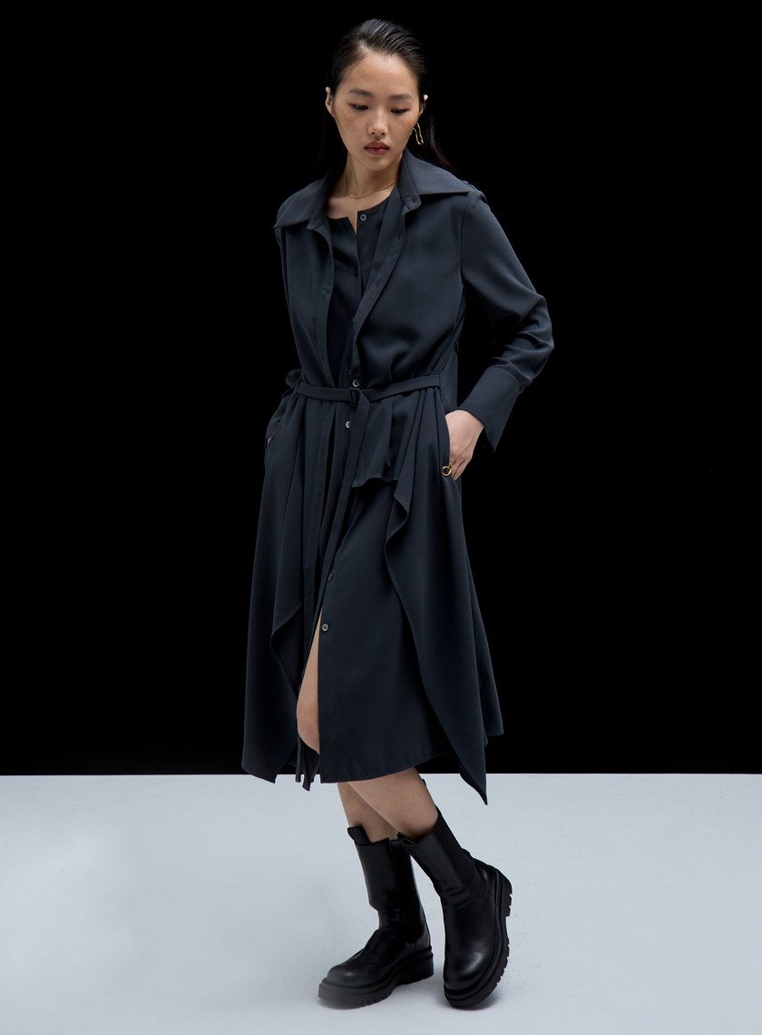 雙層不對稱綁帶襯衫式洋裝