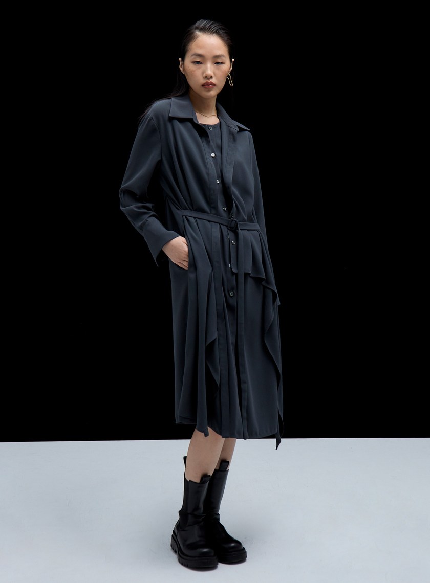 雙層不對稱綁帶襯衫式洋裝