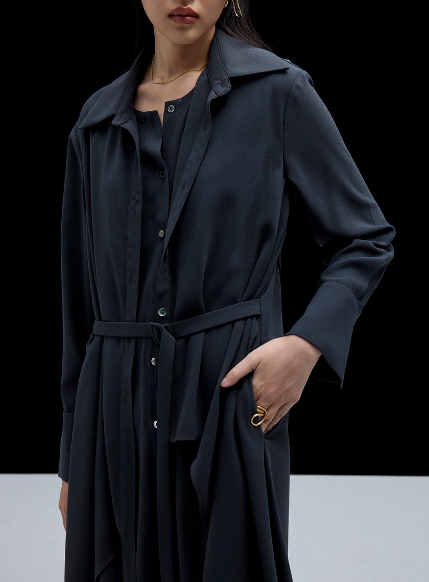 雙層不對稱綁帶襯衫式洋裝