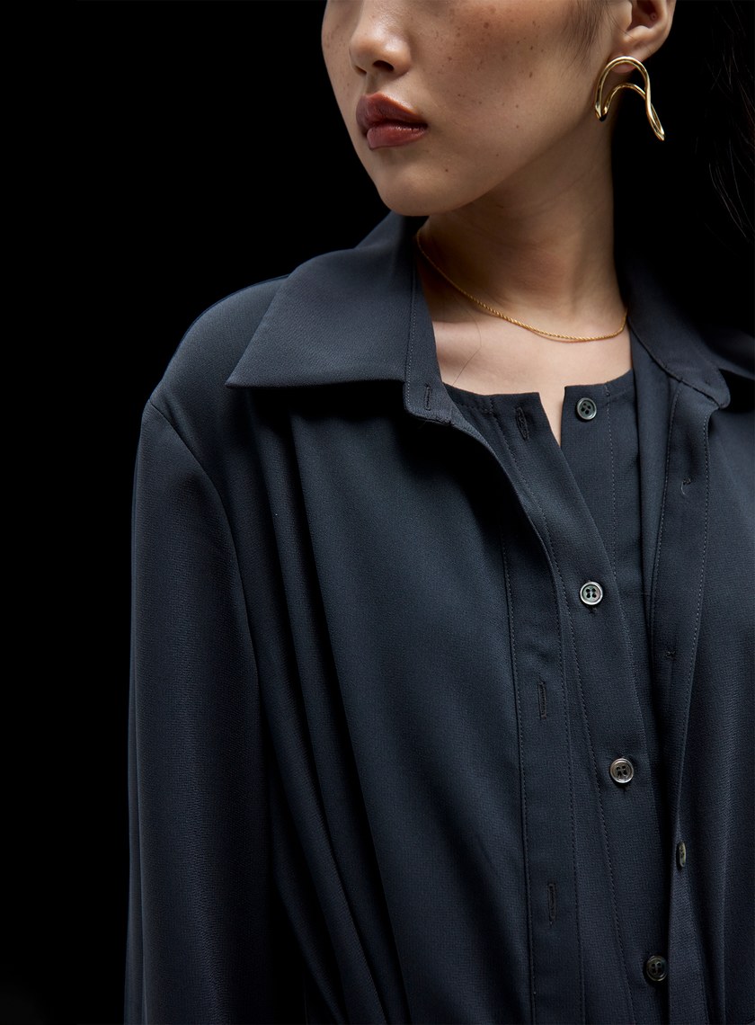 雙層不對稱綁帶襯衫式洋裝