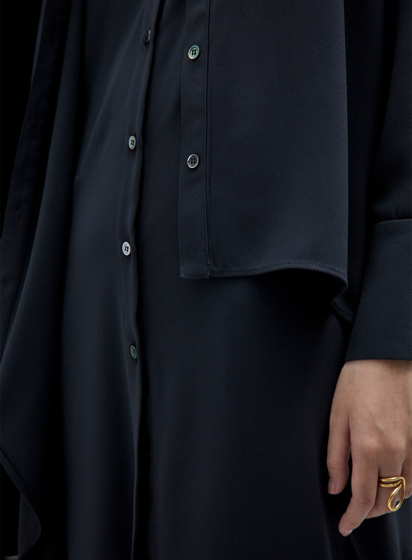 雙層不對稱綁帶襯衫式洋裝