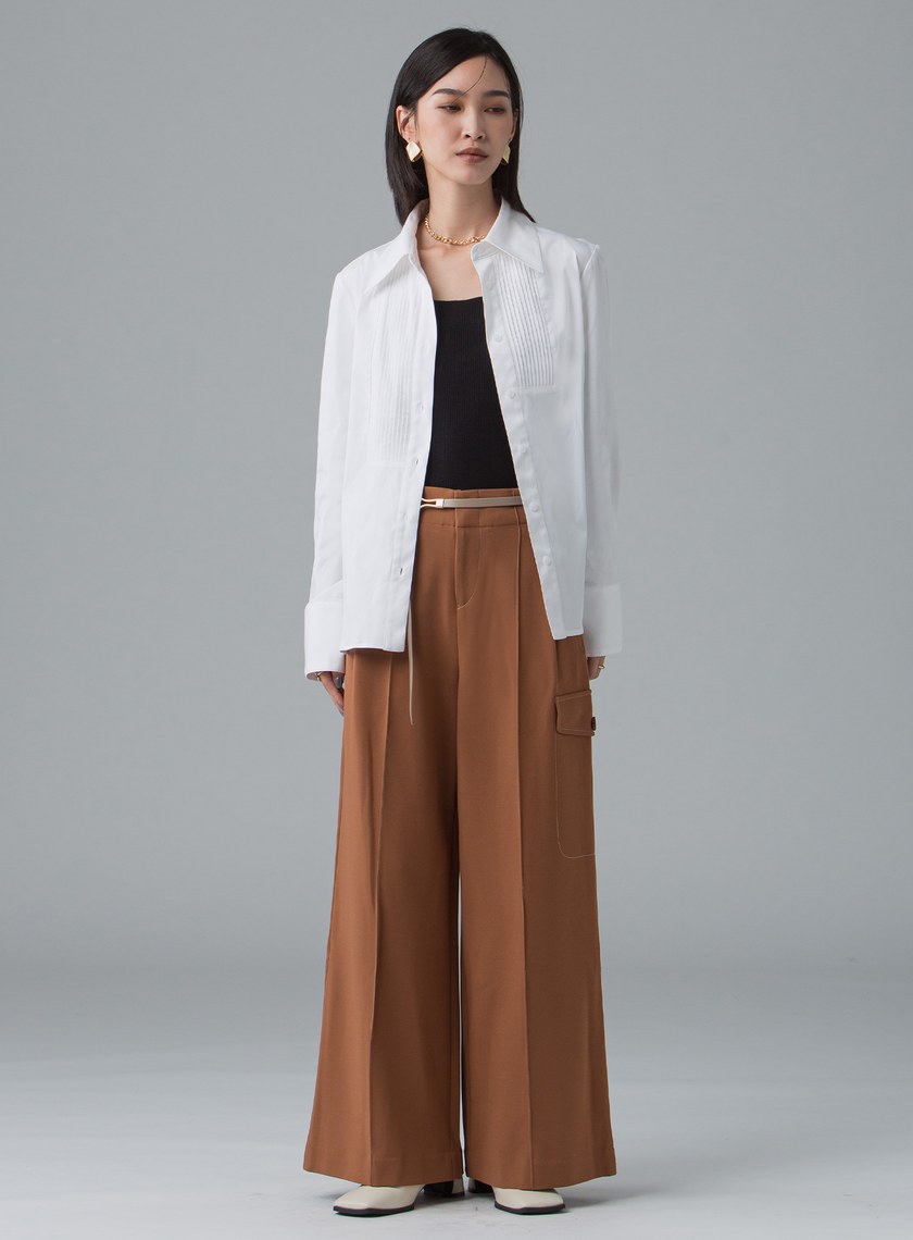 法式門襟小百摺長袖襯衫