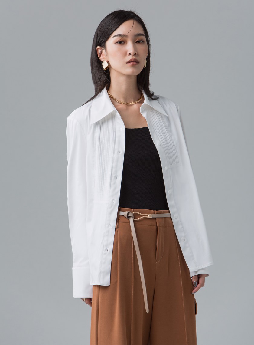法式門襟小百摺長袖襯衫