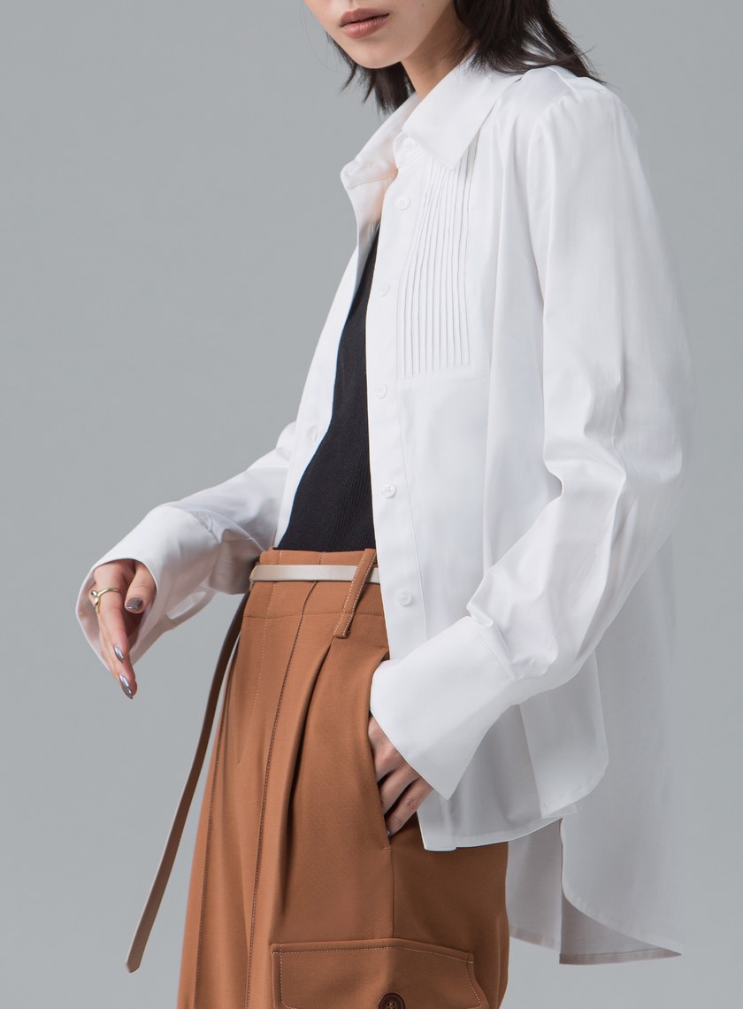 法式門襟小百摺長袖襯衫