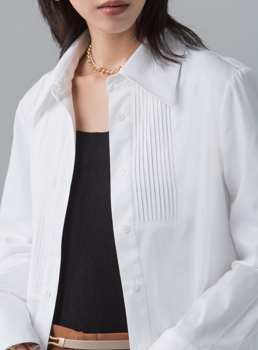 法式門襟小百摺長袖襯衫