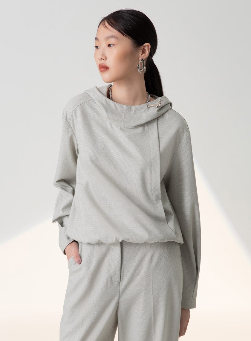 細格紋抽繩剪接連帽上衣