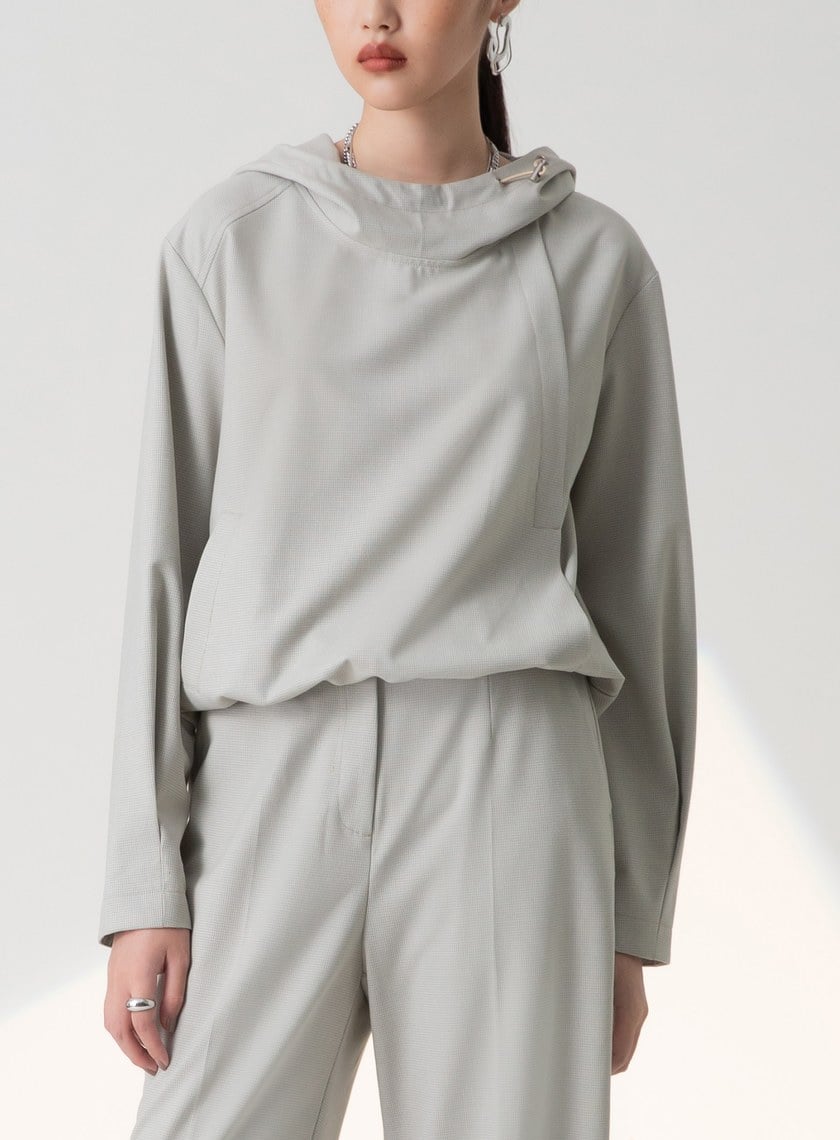 細格紋抽繩剪接連帽上衣