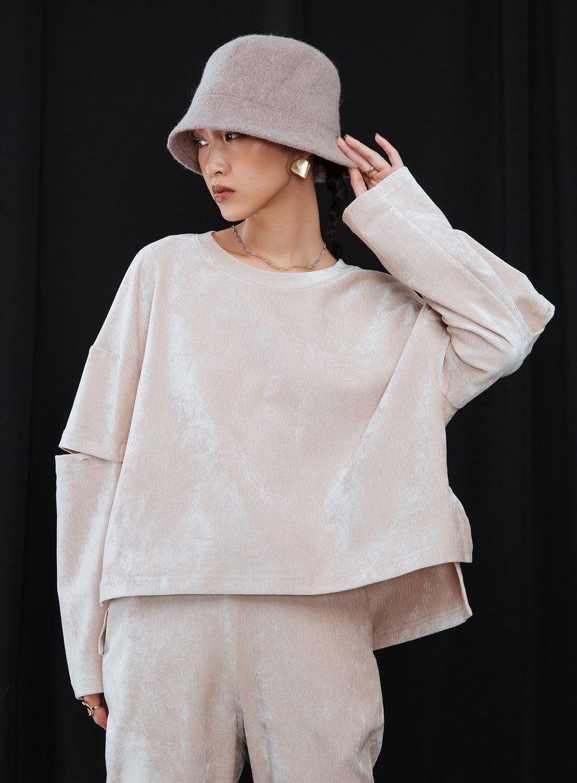 袖剪接開口雪尼爾上衣