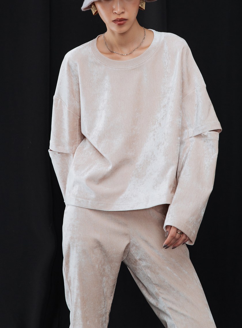 袖剪接開口雪尼爾上衣