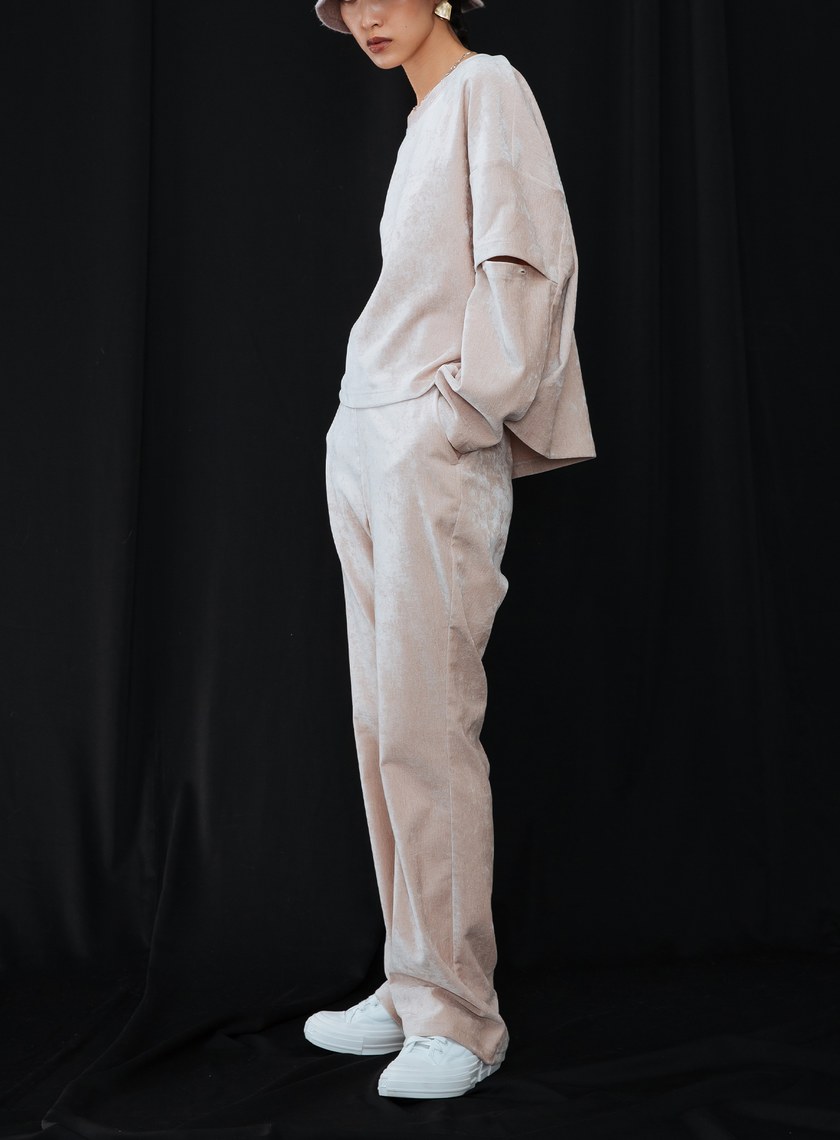 袖剪接開口雪尼爾上衣