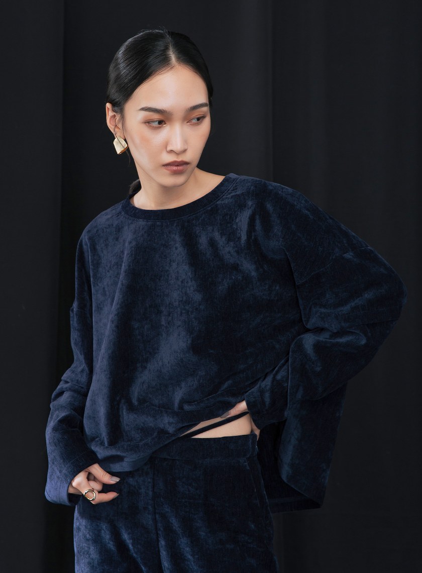 袖剪接開口雪尼爾上衣