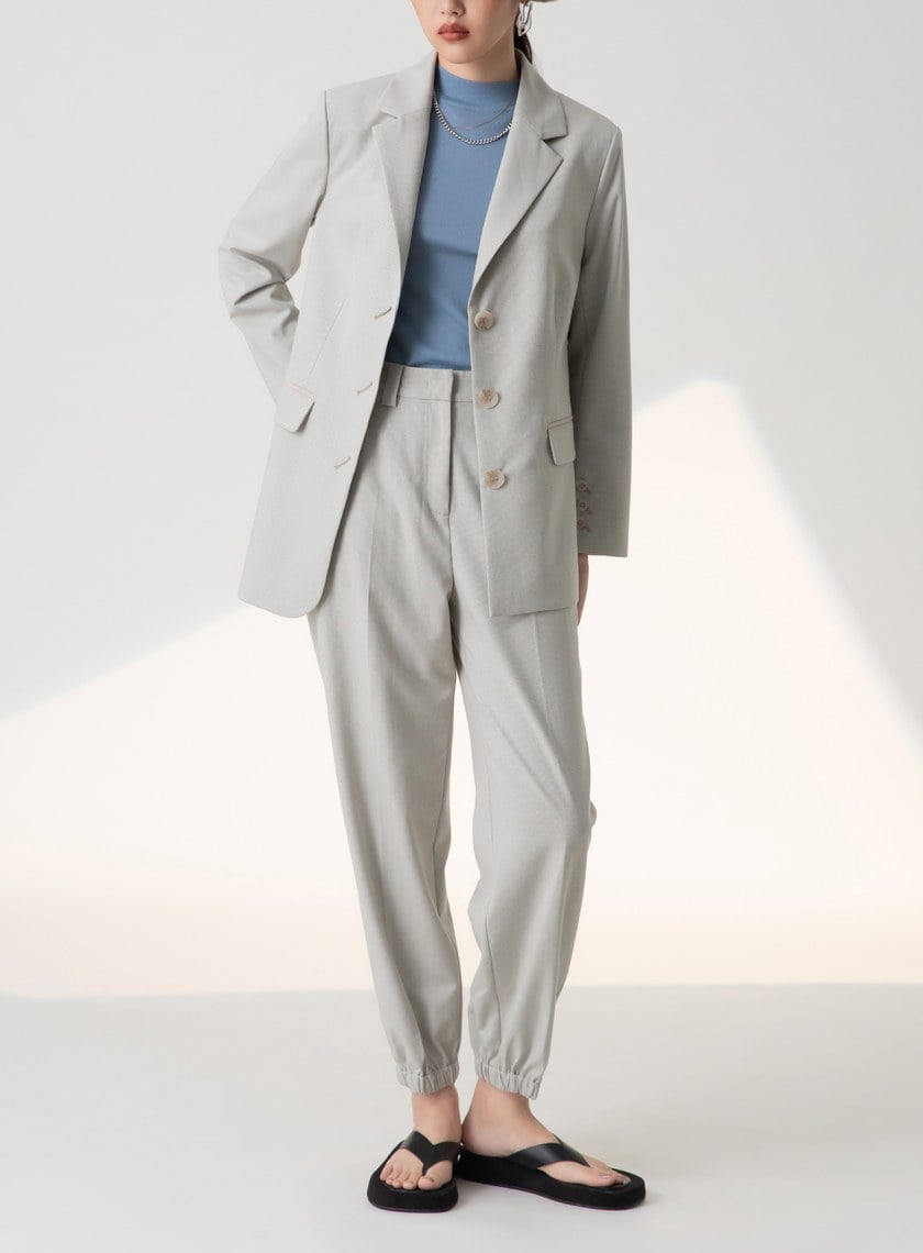 細格紋束口直筒長褲