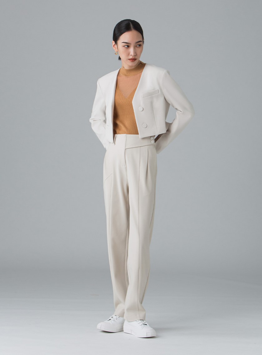 簡約不對稱腰頭直筒褲