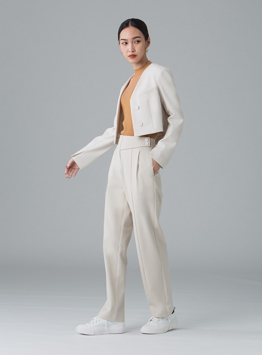 簡約不對稱腰頭直筒褲