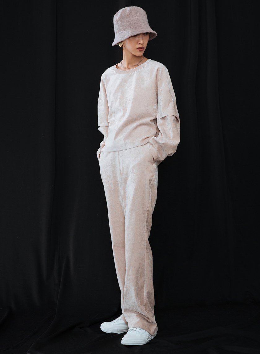 腰繩綁帶雪尼爾長褲