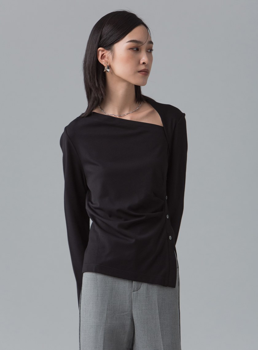 斜領抓褶造型上衣