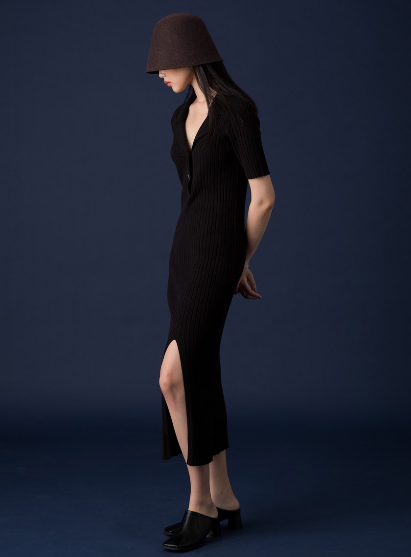 翻領五分袖開衩針織洋裝