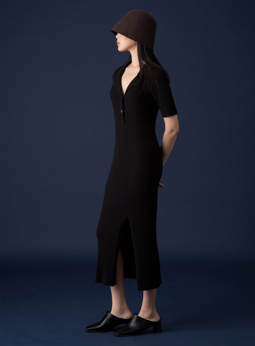 翻領五分袖開衩針織洋裝