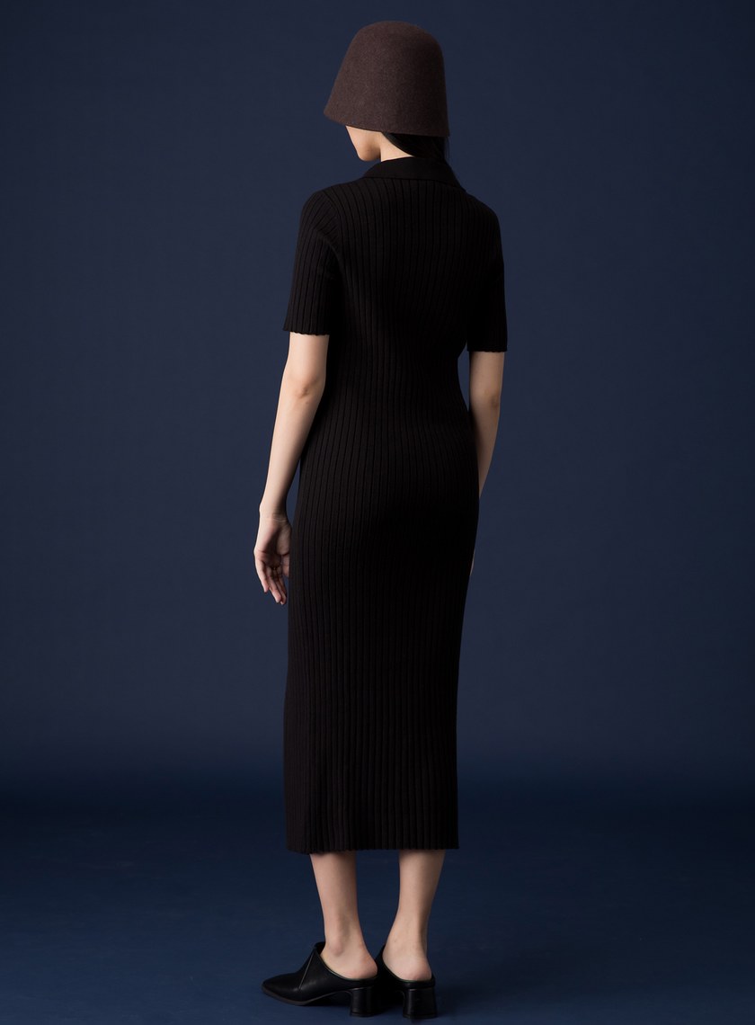 翻領五分袖開衩針織洋裝