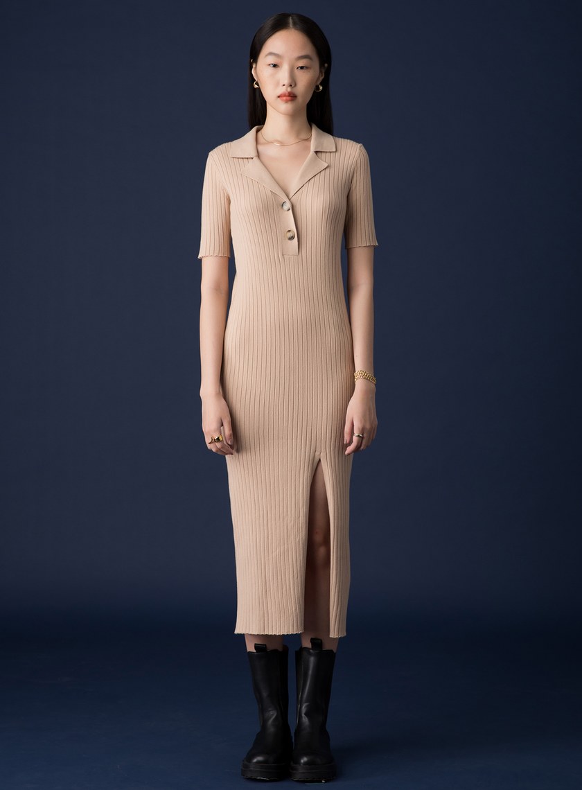 翻領五分袖開衩針織洋裝