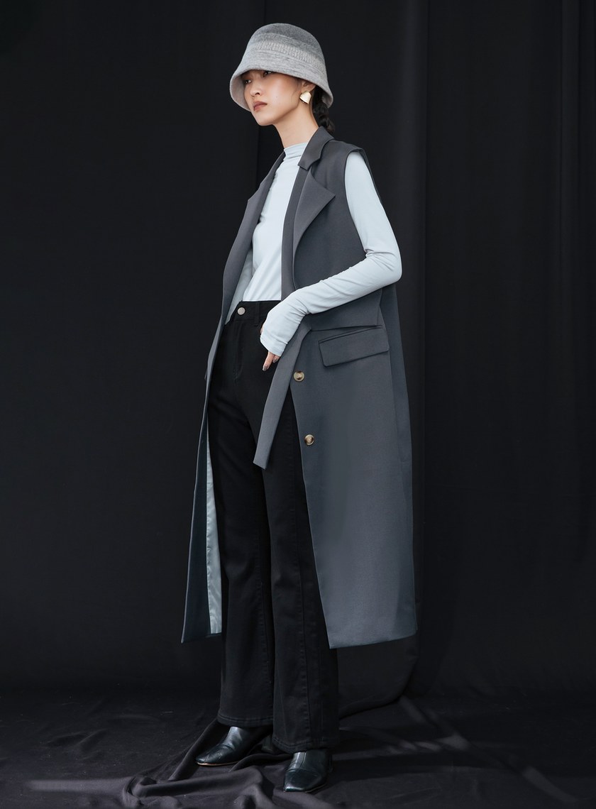 雙層領綁帶長版背心