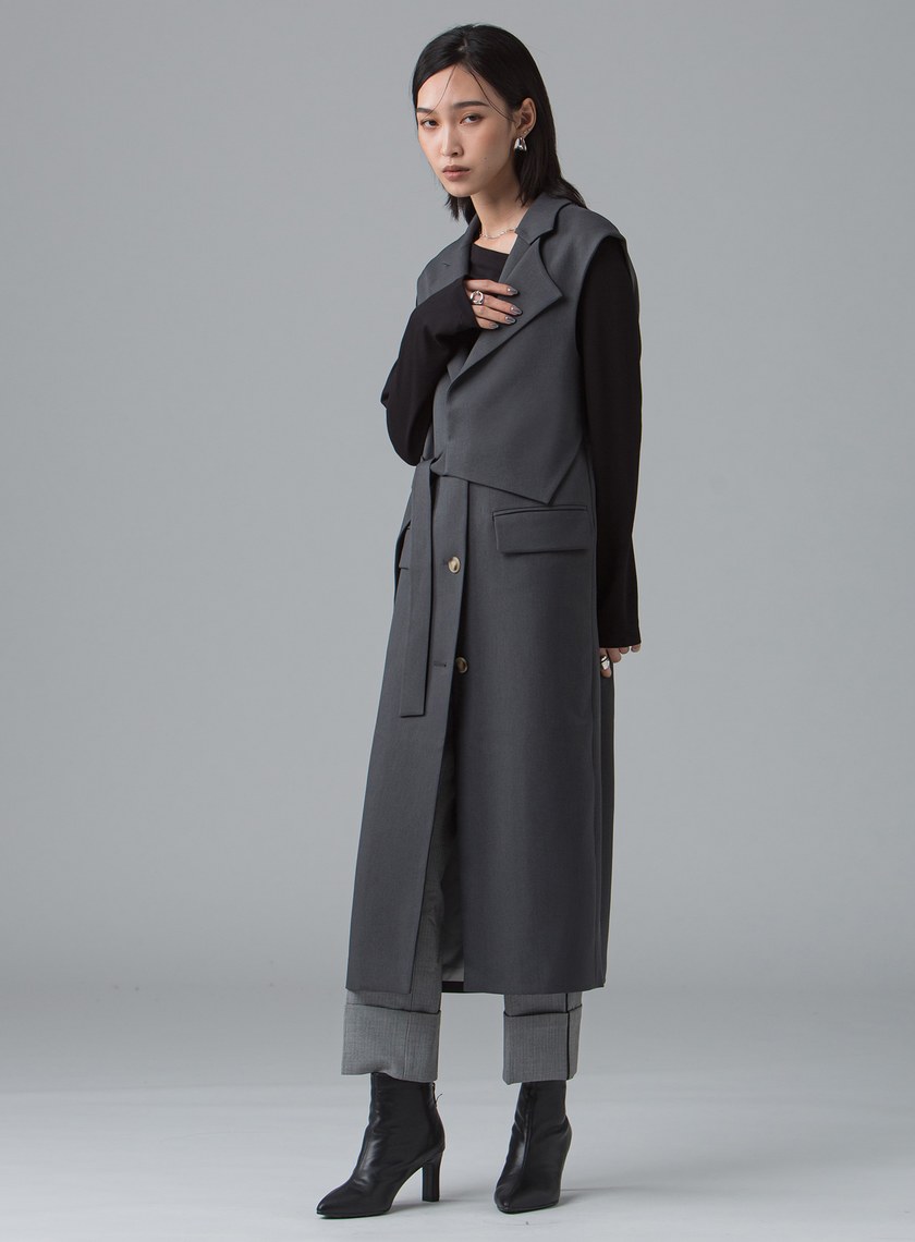 雙層領綁帶長版背心